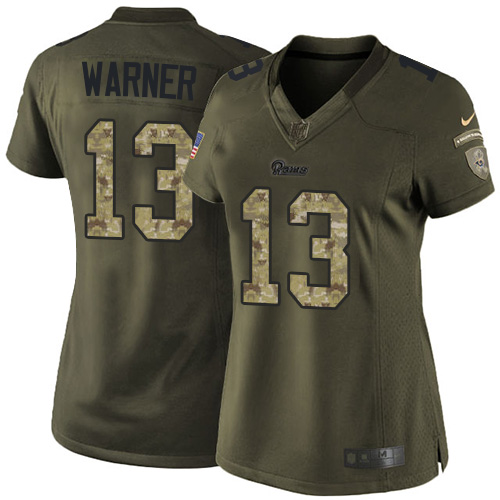 Women's Elite Kurt Warner Nike Jersey Green - #13 Salute to Service NFL Los Angeles Rams